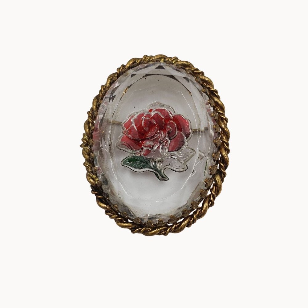 Vintage Gold-Toned Frame Clear Glass Red Handpainted Rose Brooch Fashion Jewelry